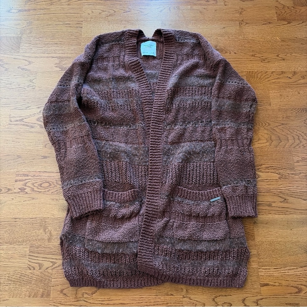 Abercrombie Cardigan Sweater Women Knit Open Duster Brown Long Pockets M flawed